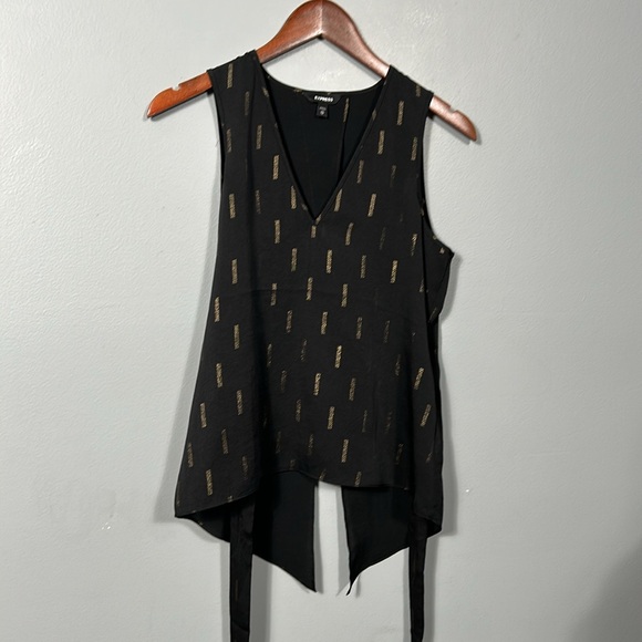 Express Black Satin Gold Shimmer Print Sleeveless Back Tie Top Blouse size XS - Picture 5 of 16